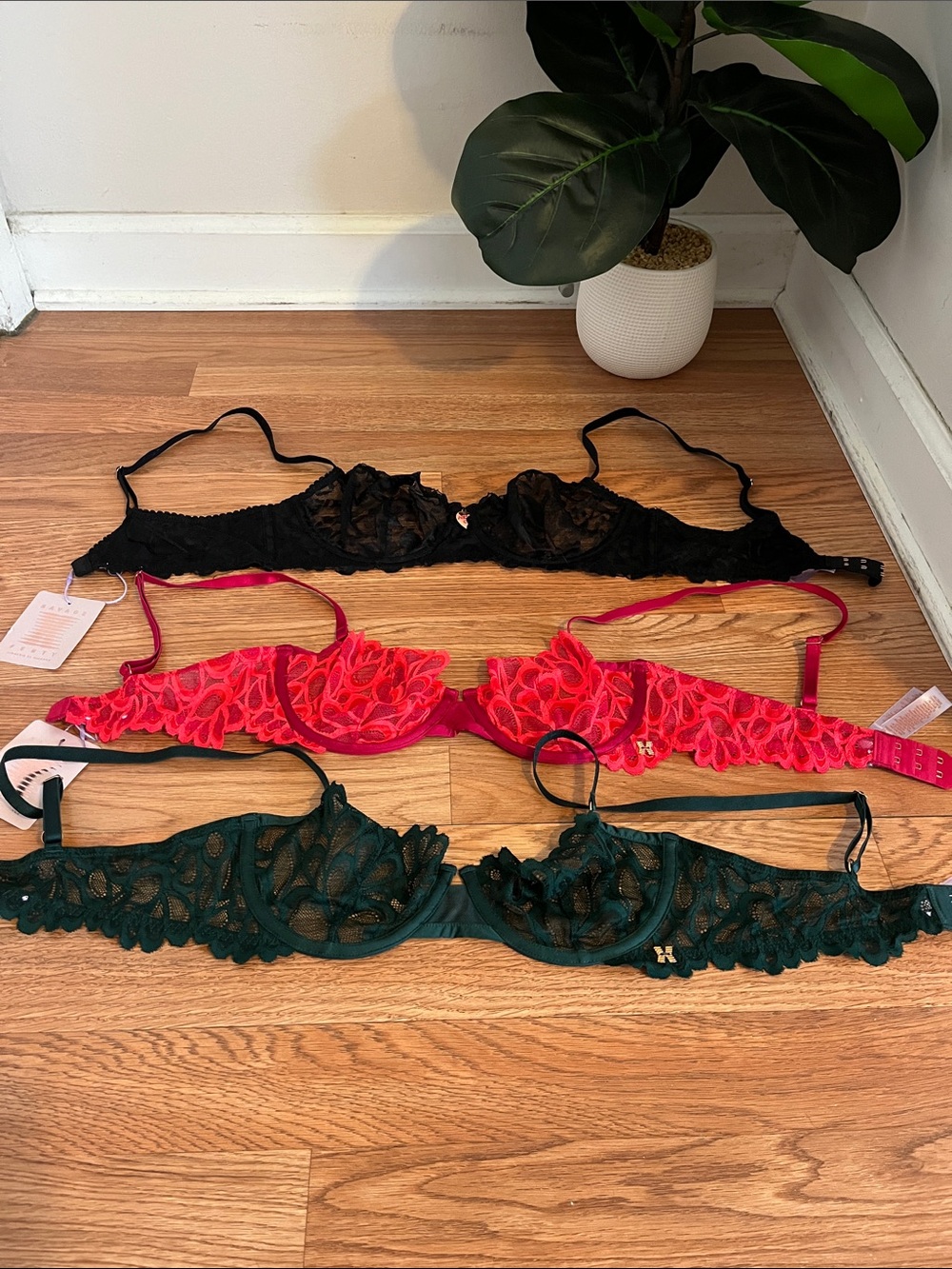 Fenty Beauty Lace Underwire Bras in Black, Red, and Deep Green